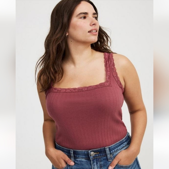 torrid Tops - 💥Sale💥NWOT Torrid Pointelle Square Neck Lace-Trim Ribbed Tank- Wild Ginger